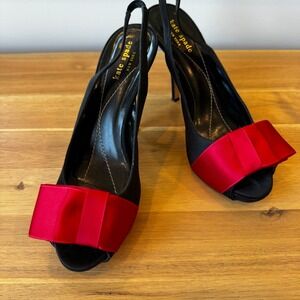 Kate Spade New York Women 8 Black‎ Satin Red Bow Peep Toe Slingback Heels Italy